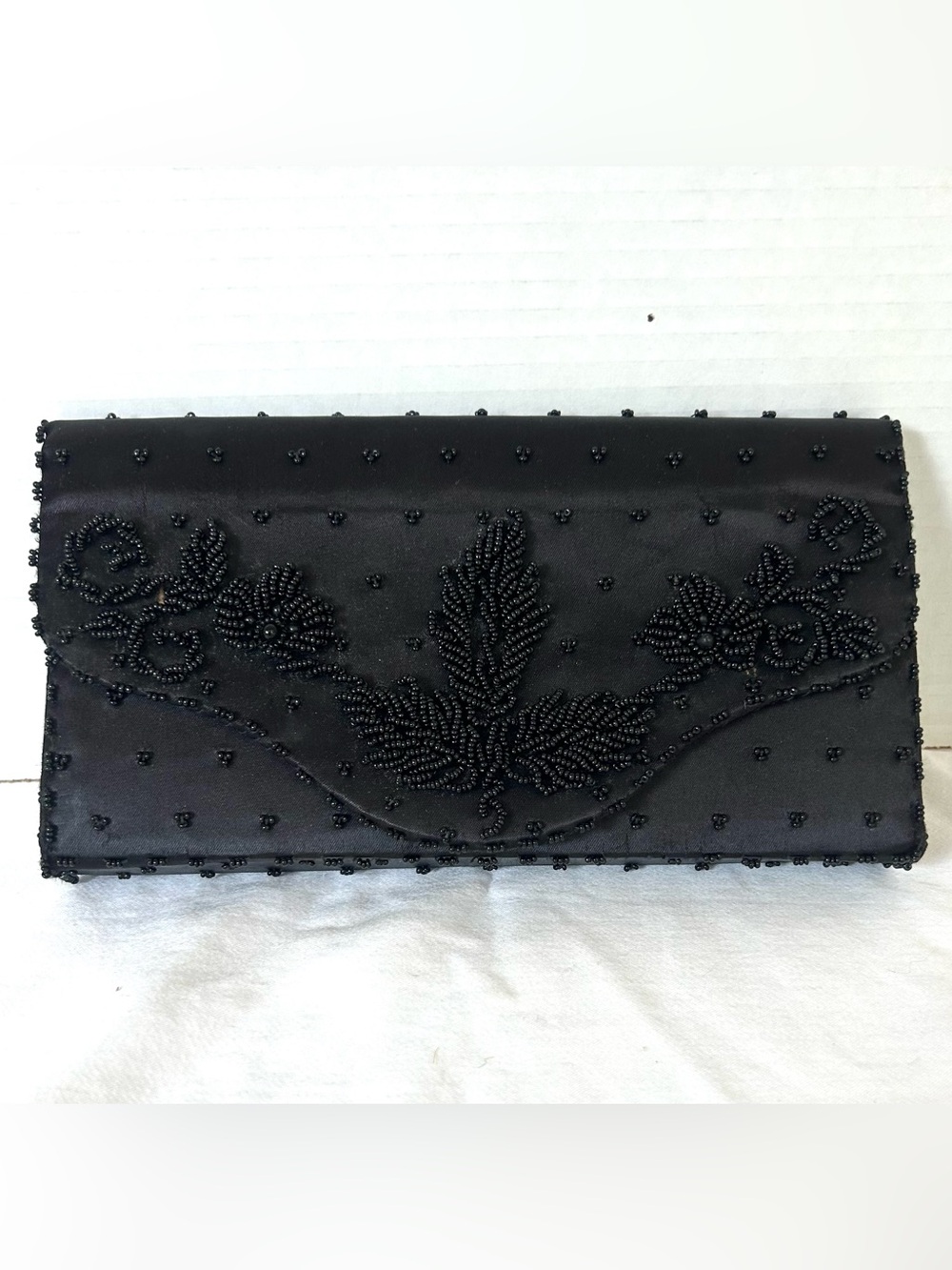 Vintage 70's Black Beaded Envelope Clutch Evening Bag Made in Hong Kong